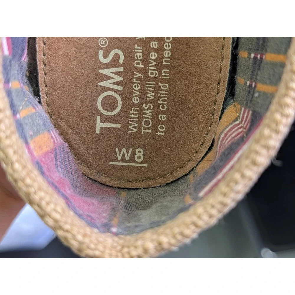 TOMS Womens Tan Burlap Canvas Alpargata Slip On Shoes Plaid Lined Size 8